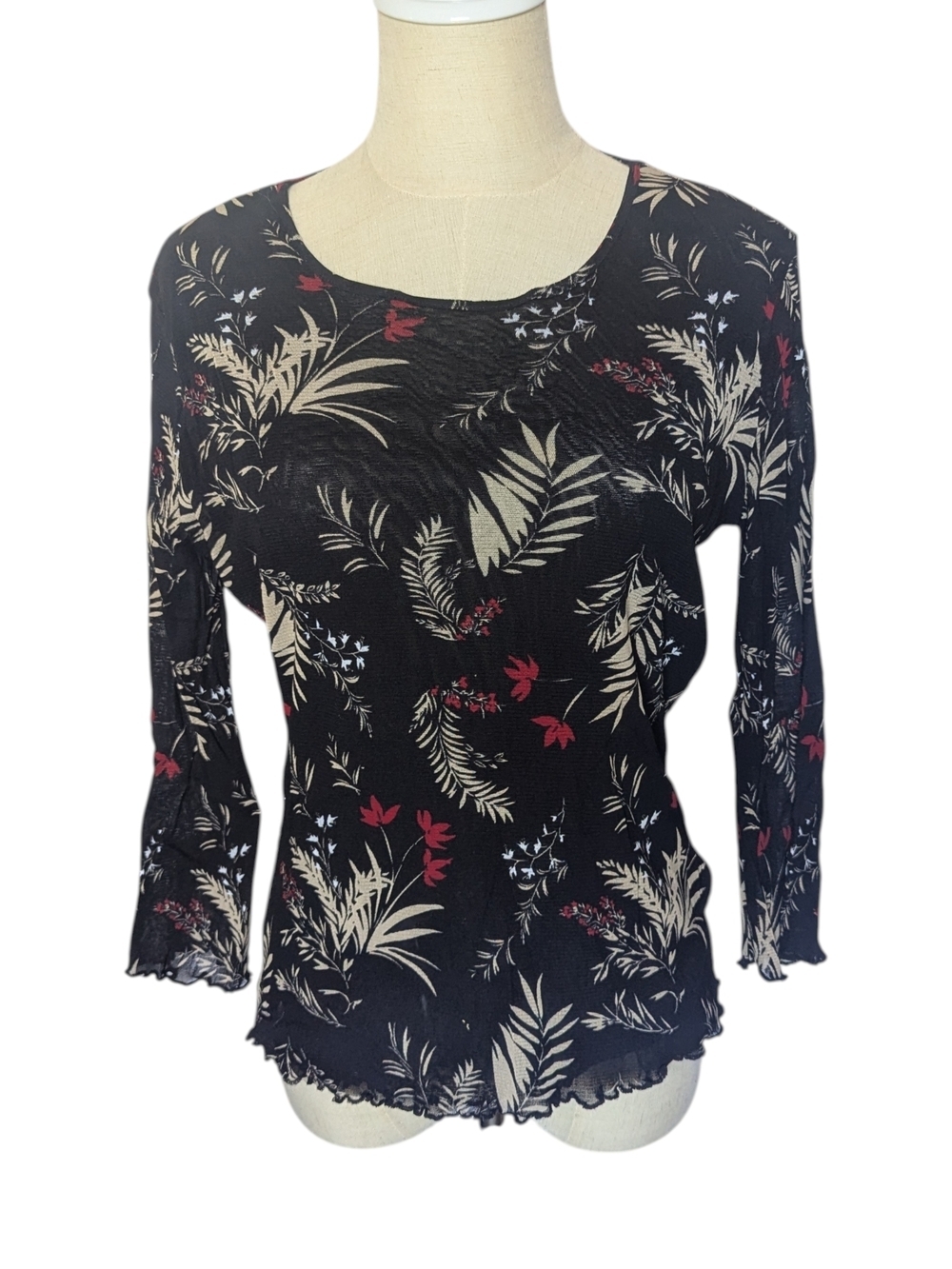 Relativity Floral Print Scoop Neck Mesh Top Large